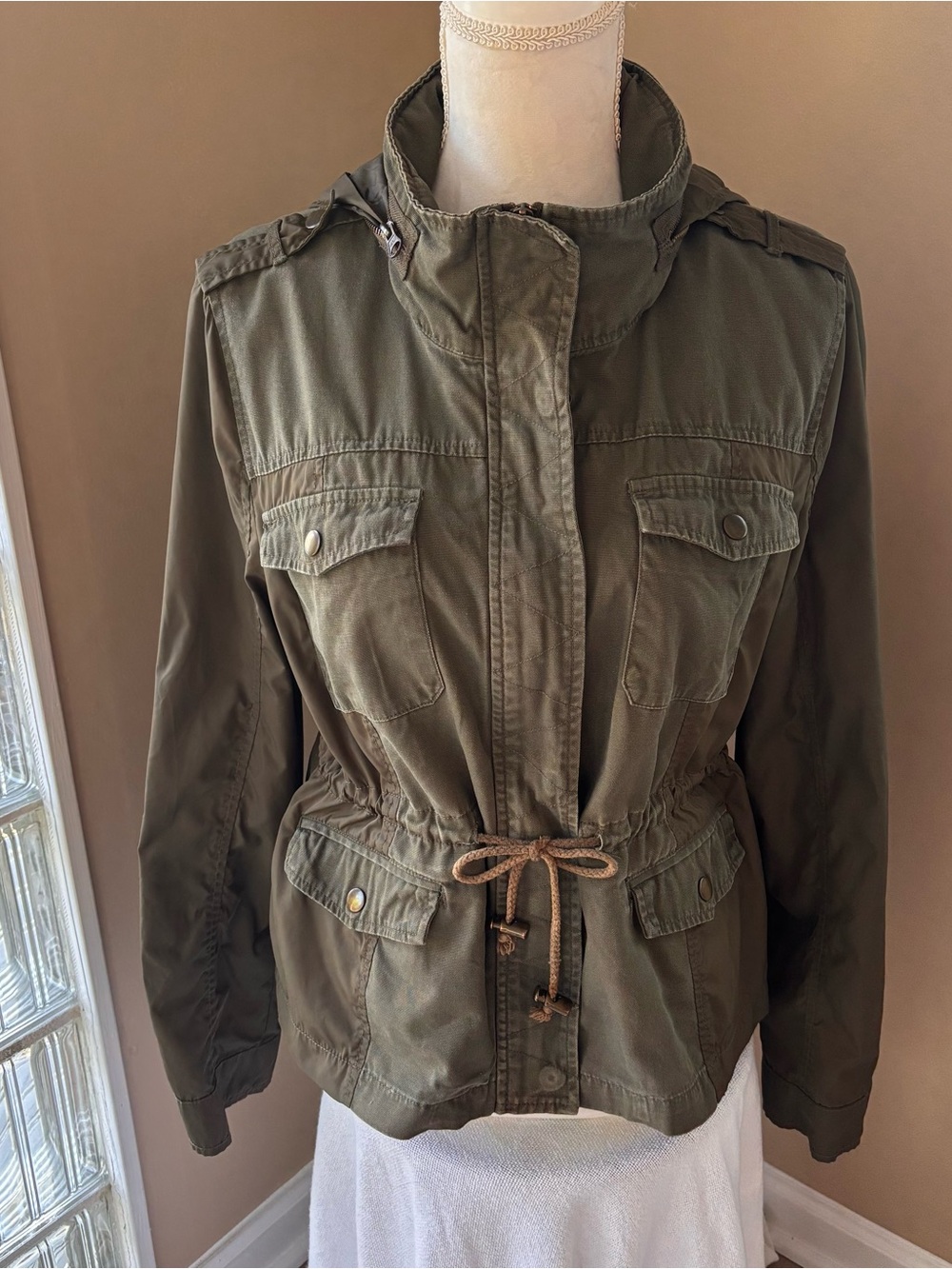 American Rag Olive Green Utility Jacket Drawstring with Hood XL